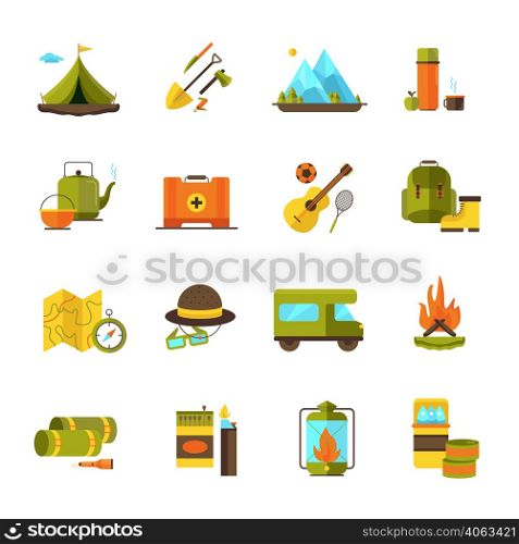 Camping and hiking adventure flat icons set with camper guitar and campfire pictograms abstract isolated vector illustration. Camping Hiking Adventure Flat Icons Set