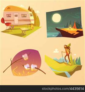 Camping And Hiking Cartoon Set . Camping and hiking cartoon set with trailer tent and fire isolated vector illustration