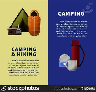 Camping and hiking club information posters templates for summer camp adventure. Vector camping tent, sleeping bag and radio, canned food and water thermos with mug. Summer camping club or camping vector posters
