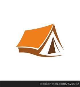 Camping and hiking tent icon, mountaineering sport and extreme tourism. Outdoor adventure cabin vector symbol. Portable waterproof dwelling, symbol of rock and mountain exploration. Hiking and camping tent icon