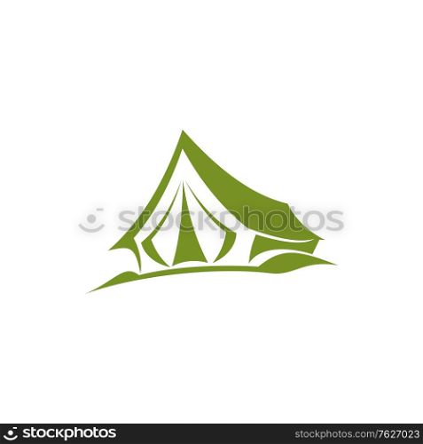 Camping and hiking tent icon, mountaineering sport and extreme tourism. Outdoor adventure cabin vector symbol. Portable waterproof dwelling, symbol of rock and mountain exploration. Hiking and camping tent icon