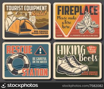 Camping and hiking tourist equipment shop and outdoor sport outfit garments, vintage posters. Vector water rescue station sign, mountain tourism and mountain trekking boots, tent and backpack. Outdoor camping and hiking, tourist equipment