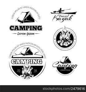 Camping and hiking vectro labels emblems and badges set. Outdoor expedition, and kayak illustration. Camping and hiking vectro labels emblems badges set