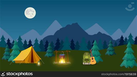 Camping and Mountain Camp. for Web Banners or Promotional Materials. Vector illustration in flat style. Camping and Mountain Camp.