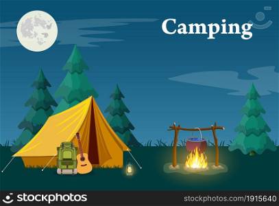 Camping and Mountain Camp. for Web Banners or Promotional Materials. Vector illustration in flat style. Camping and Mountain Camp.
