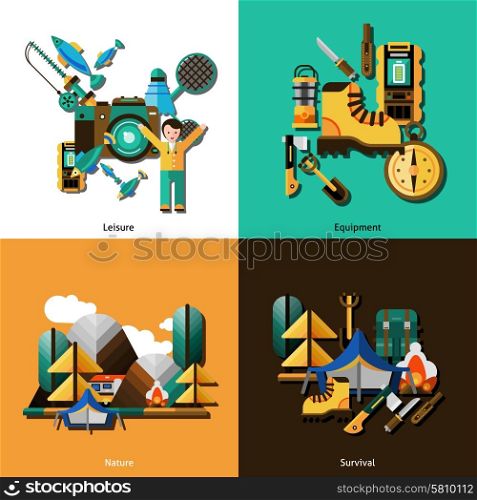 Camping And Survival Icons Set . Camping and survival icons set with equipment and nature flat isolated vector illustration