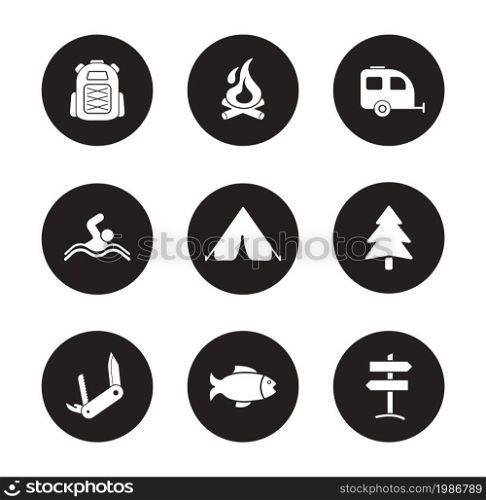 Camping and tourism black icons set. Outdoor recreation white silhouettes symbols. Swimming and fishing monochrome pictograms. Backpacker traveling flat design emblems. Travel equipment icons. Vector. Camping and tourism black icons set