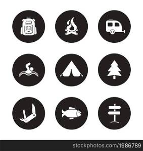 Camping and tourism black icons set. Outdoor recreation white silhouettes symbols. Swimming and fishing monochrome pictograms. Backpacker traveling flat design emblems. Travel equipment icons. Vector. Camping and tourism black icons set