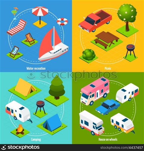 Camping And Travel Isometric 2x2 Icons Set. Colorful camping and travel isometric 2x2 icons set with house on wheels elements for water recreation and picnic isolated vector illustration