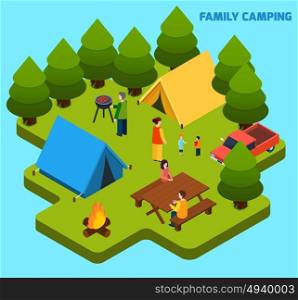 Camping And Travel Isometric Composition. Camping and travel isometric composition with family having rest in forest on light blue background vector illustration