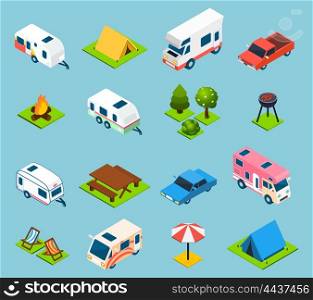 Camping And Travel Isometric Icons Set. Camping and travel isometric icons set with trees transport and different things for campsite and travelling on light blue background isolated vector illustration
