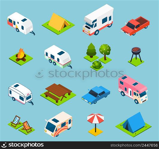 Camping and travel isometric icons set with trees transport and different things for campsite and travelling on light blue background isolated vector illustration. Camping And Travel Isometric Icons Set