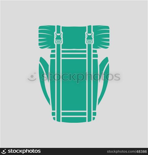 Camping backpack icon. Gray background with green. Vector illustration.