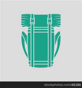 Camping backpack icon. Gray background with green. Vector illustration.