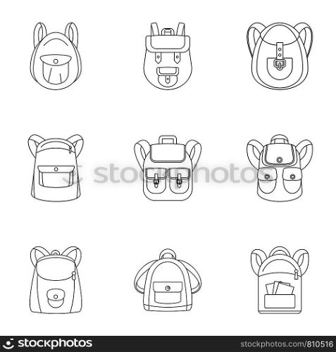 Camping backpack icon set. Outline set of 9 camping backpack vector icons for web design isolated on white background. Camping backpack icon set, outline style