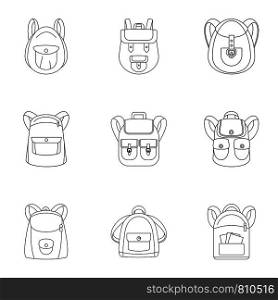 Camping backpack icon set. Outline set of 9 camping backpack vector icons for web design isolated on white background. Camping backpack icon set, outline style