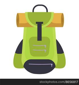 Camping backpack vector illustration icon isolated white background. Travel hiking adventure and outdoor journey equipment. Forest bag element and scout luggage. Camping baggage and picnic knapsack