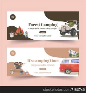 Camping banner design with car, lantern, campfire watercolor illustration