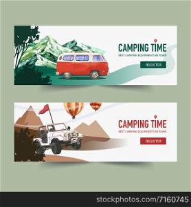 Camping banner design with van, mountain, tree watercolor illustration