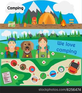 Camping banner people with dog design flat. Active recreation tent camp fire, mountain and hiking. Couple with their pet travel is planning to by collecting items in a backpack. Vector illustration