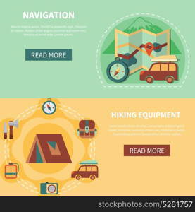 Camping banner set. Camping banner set with navigation and hiking equipment elements flat isolated vector illustration