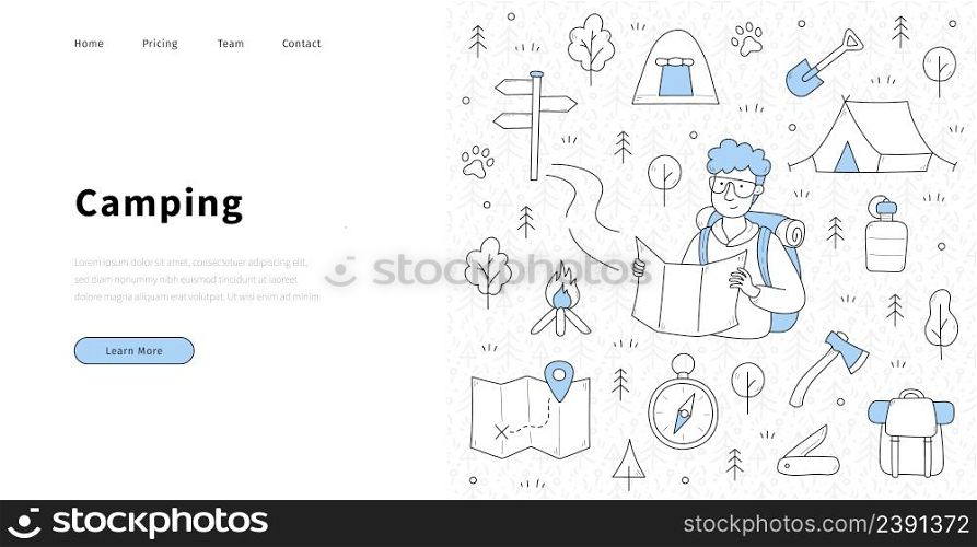 Camping banner with sketch man hiker with map and backpack. Vector landing page of travel, hiking and tourism with hand drawn icons of camp, tent, fire, trees, compass, signpost, and axe. Camping banner with sketch man hiker with map