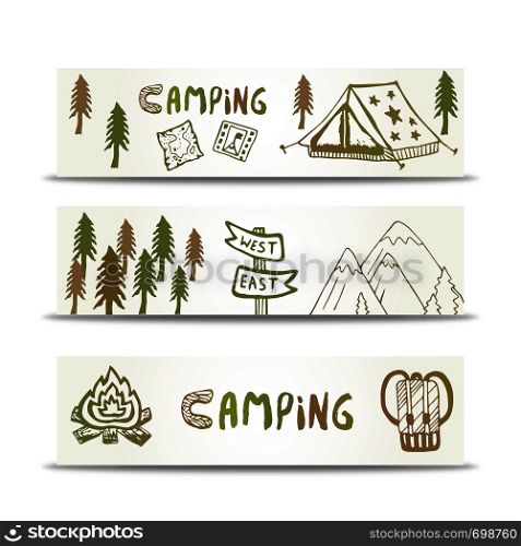 Camping banners horizontal set with mountain and tent. Hand drawn elements on design template. Camping banners horizontal set with mountain and tent. Hand drawn elements on design template.