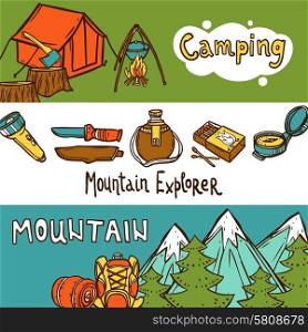 Camping banners horizontal set with mountain explorer hand drawn elements isolated vector illustration. Camping Banners Horizontal