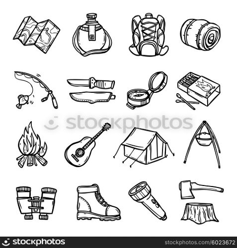 Camping Black White Icons Set . Camping black white icons set with tent rucksack and map flat isolated vector illustration