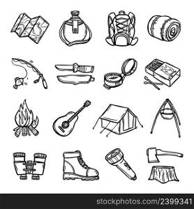 Camping black white icons set with tent rucksack and map flat isolated vector illustration . Camping Black White Icons Set