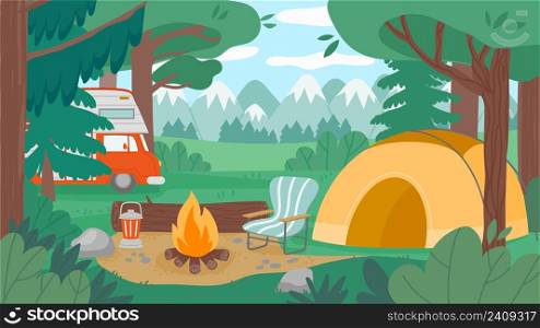 Camping cartoon forest. Tourist campground with campfire cooking pot trailer and summer landscape. Vector camp scenery illustration. Outdoor nature adventure or tourism in summertime. Camping cartoon forest. Tourist campground with campfire cooking pot trailer and summer landscape. Vector camp scenery illustration