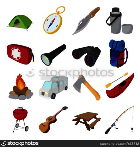 Camping cartoon icons isolated on white background. Camping cartoon icons