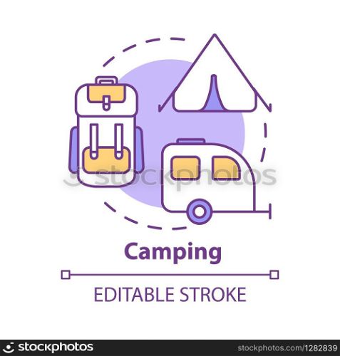 Camping concept icon. Outdoor recreation, backpacking, hiking idea thin line illustration. Budget tourism, affordable vacation. Vector isolated outline RGB color drawing. Editable stroke