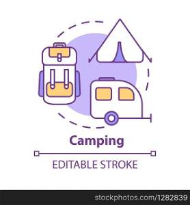 Camping concept icon. Outdoor recreation, backpacking, hiking idea thin line illustration. Budget tourism, affordable vacation. Vector isolated outline RGB color drawing. Editable stroke