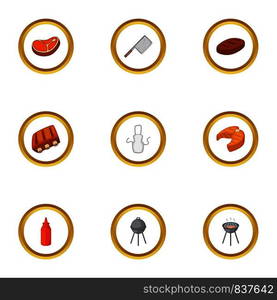 Camping cooking icons set. Cartoon style set of 9 camping cooking vector icons for web design. Camping cooking icons set, cartoon style