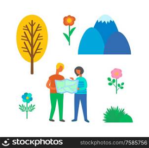 Camping couple vector, male and female using map to find right way isolated. Travelers with atlas, mountain, tree and blooming of flowers, green bushes. Camping Couple Using Map to Find Way Isolated