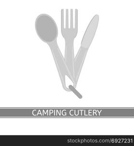 Camping Cutlery Isolated. Vector illustration of camping spoon, fork, knife, isolated on white background. Cutlery in flat style. Portable flatware.