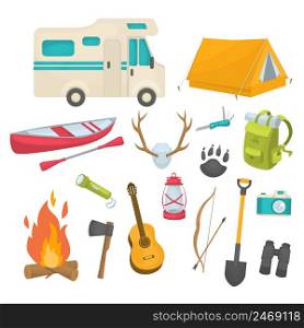 Camping decorative icons set with boat antlers tent backpack shovel house trailer guitar camera isolated vector illustration. Camping Decorative Icons Set
