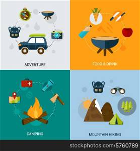 Camping design concept set with adventure food drink mountain hiking flat icons isolated vector illustration