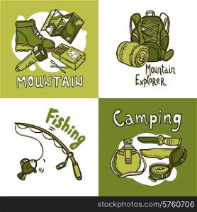 Camping design concept set with hand drawn mountain explorer and fishing icons isolated vector illustration. Camping Design Concept