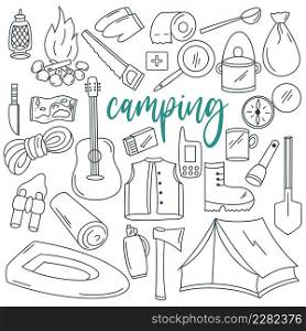Camping doodle set. Hiking clipart. Collection items for outdoor adventures. Ecological natural recreation hand drawn engraving vector illustration. Camping doodle set