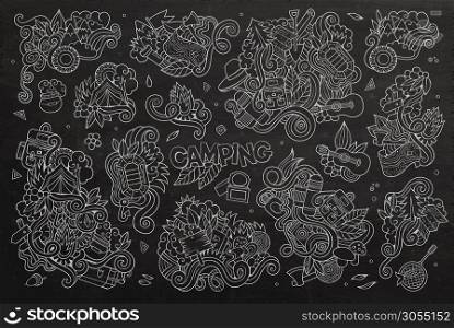 Camping doodles nature hand drawn vector symbols and objects. Camping nature symbols and objects