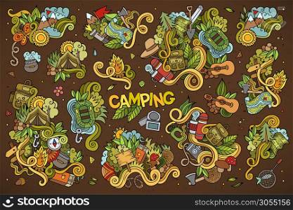 Camping doodles nature hand drawn vector symbols and objects. Camping nature symbols and objects