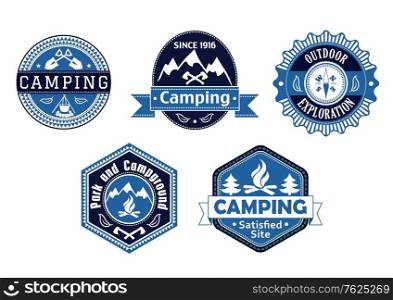 Camping emblems and labels with different blue frame shapes with the text - Camping - Park and Campground - Outdoor Exploration - decorated with camp fires, axes, spades and snowy mountains for travel, trip and tourism design. Camping emblems