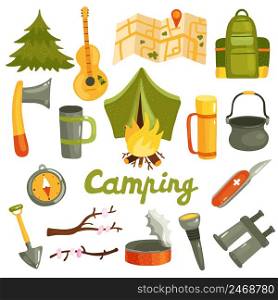 Camping equipment gear gadgets accessories icons set with tent backpack swiss knife binoculars lantern isolated vector illustration . Camping Tourism Equipment Set