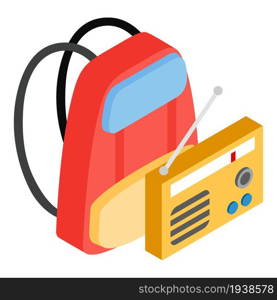 Camping equipment icon isometric vector. Old vintage radio and orange backpack. Camping accessory, vacation concept. Camping equipment icon isometric vector. Old vintage radio and orange backpack