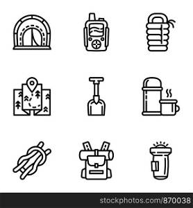 Camping equipment icon set. Outline set of 9 camping equipment vector icons for web design isolated on white background. Camping equipment icon set, outline style