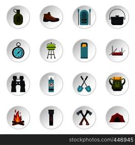 Camping equipment icons set. Flat illustration of 16 camping equipment vector icons set illustration. Camping equipment icons set, flat style