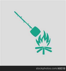 Camping fire with roasting marshmallow icon. Gray background with green. Vector illustration.
