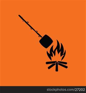 Camping fire with roasting marshmallow icon. Orange background with black. Vector illustration.